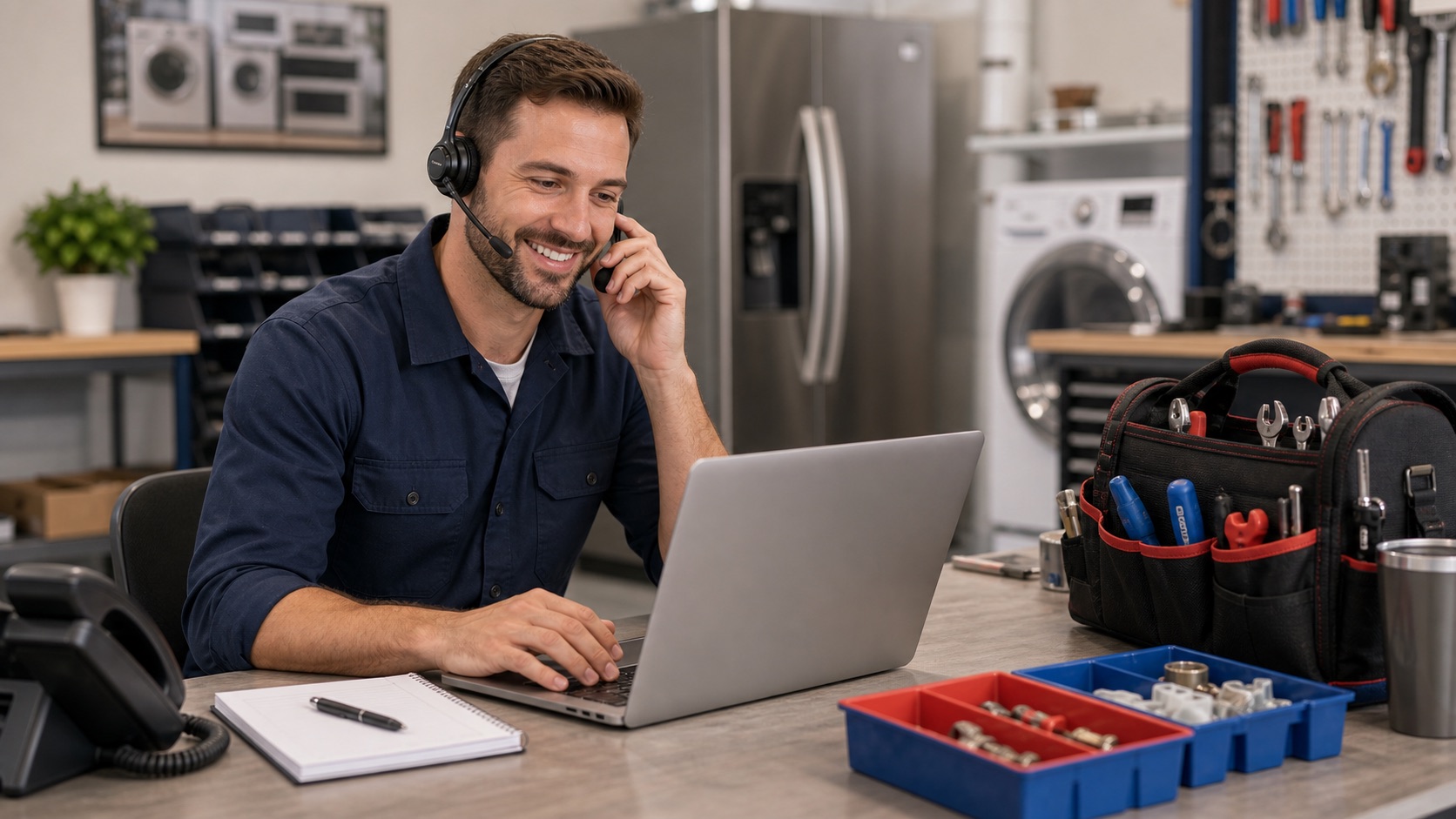 Appliance repair dispatcher answering a call and scheduling a service appointment