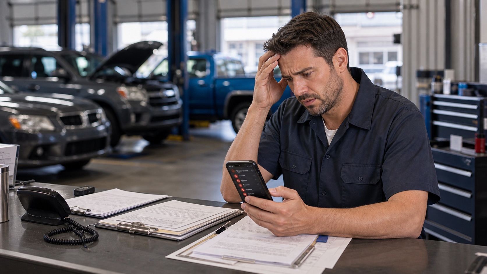 Automotive service advisor frustrated by missed repair calls inside an auto shop