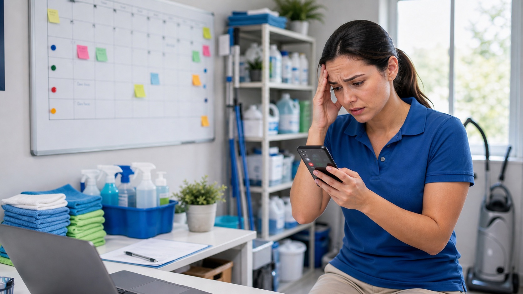 Cleaning service owner worried about missed quote calls in a supply room