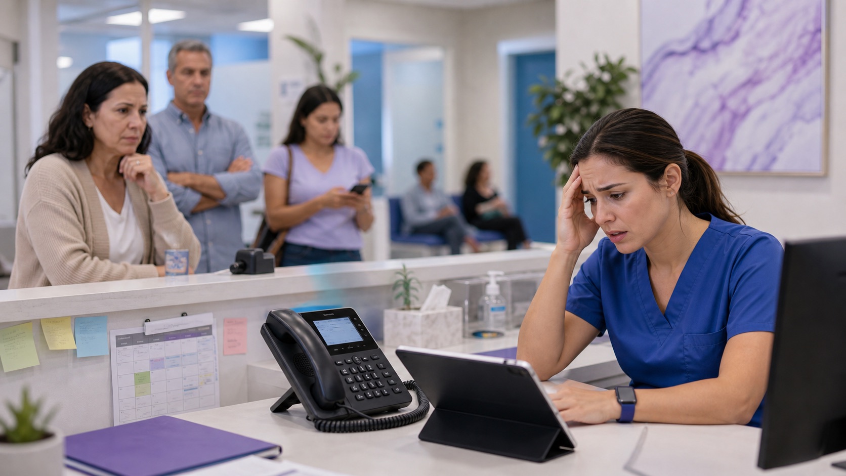 Clinic receptionist overwhelmed by ringing phones and waiting patients