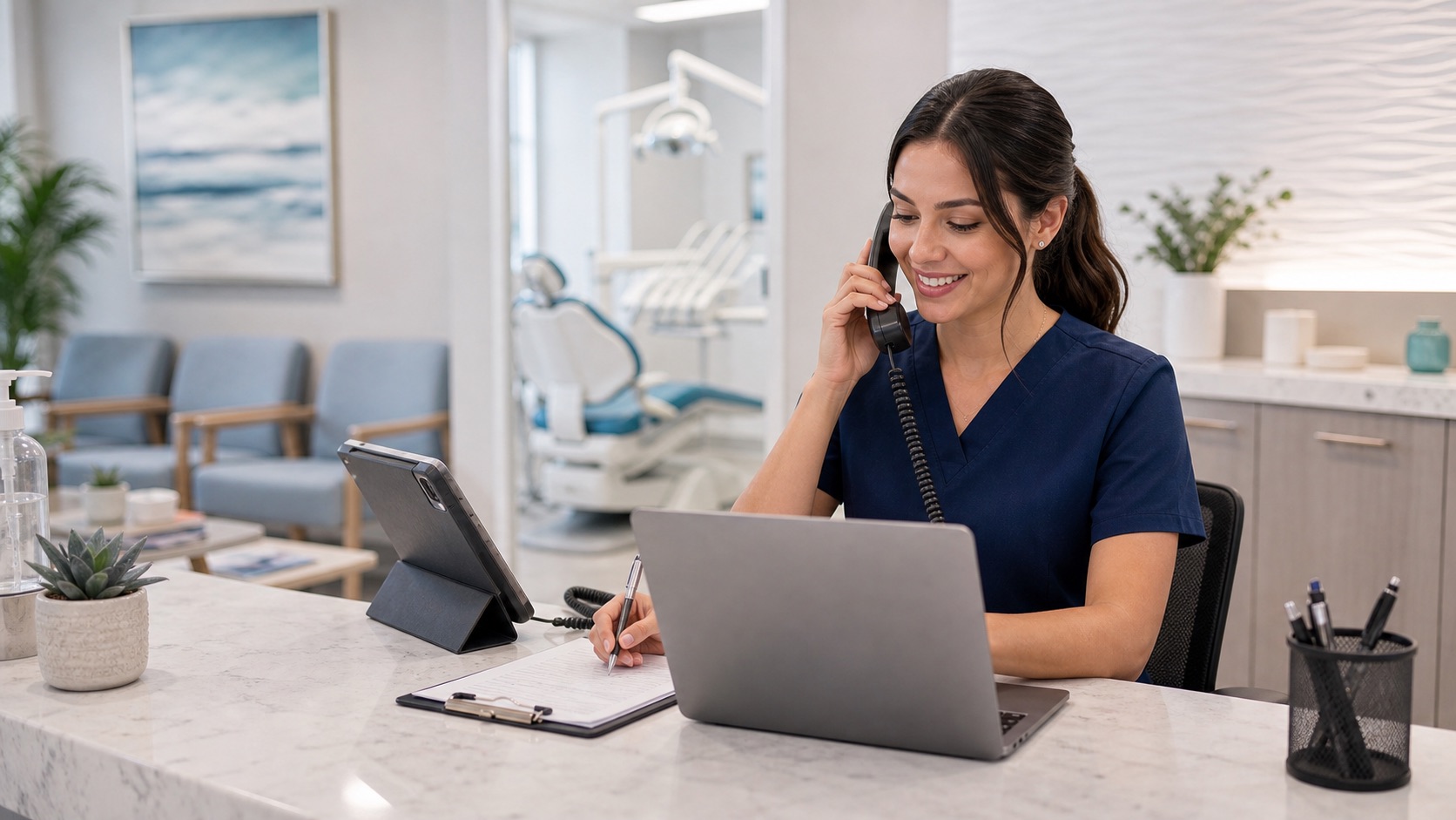 Dental receptionist answering a patient call and scheduling a dental appointment