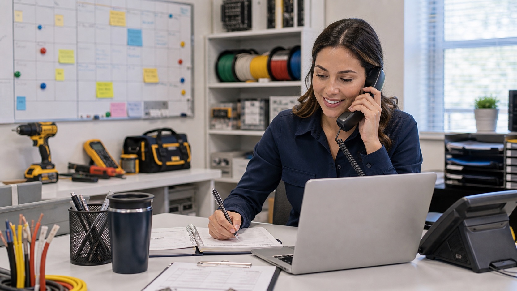 Electrical service coordinator answering a customer call and booking an appointment