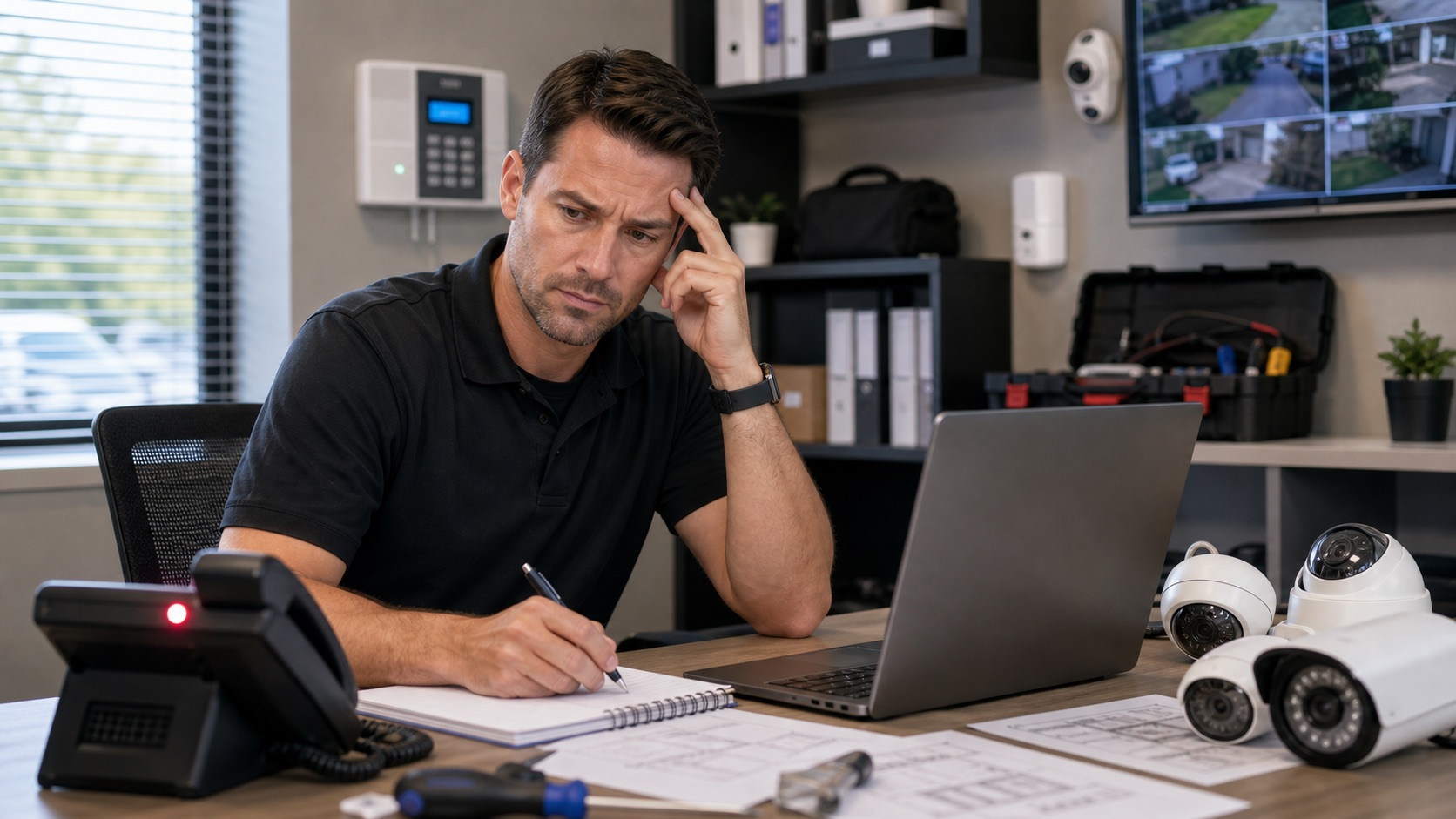 Home security technician concerned about missed alarm and camera installation calls