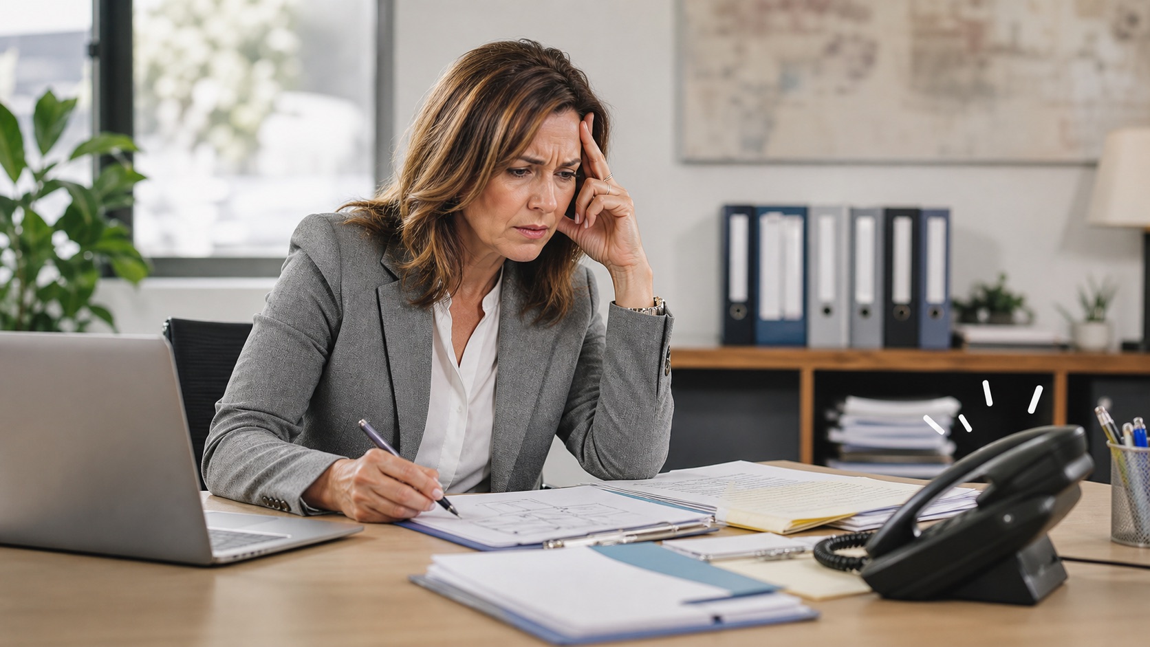 Insurance agent concerned about missed insurance quote calls at an agency desk