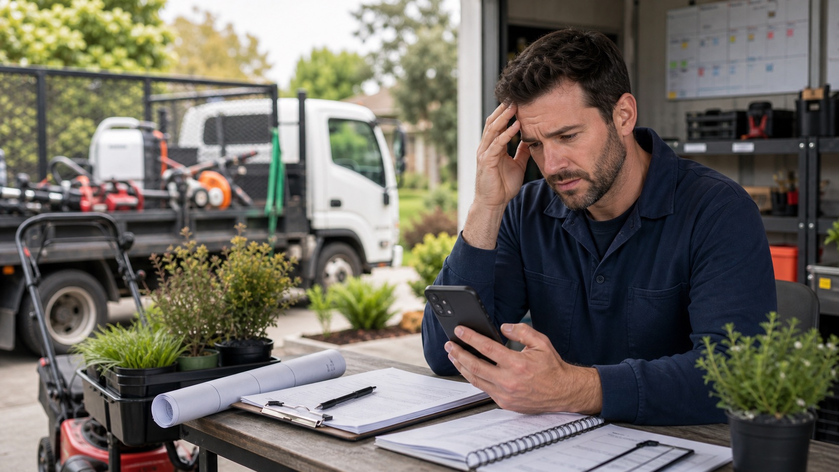 Landscaping business owner frustrated by missed quote calls near lawn equipment