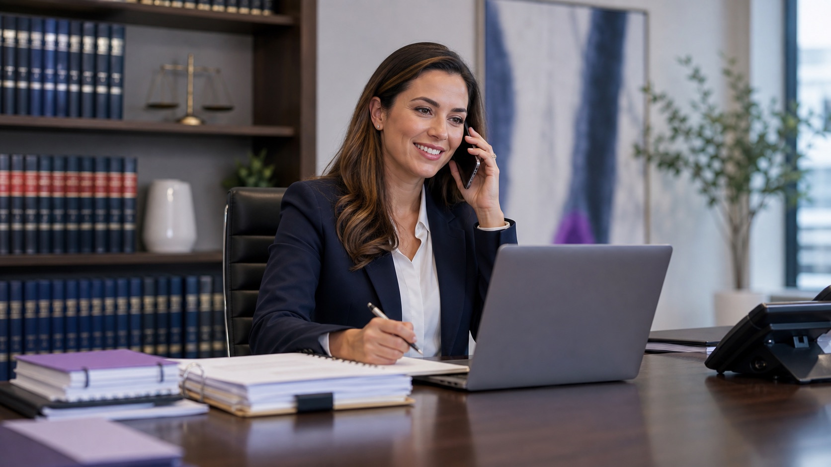 Law firm intake coordinator answering a call and taking consultation notes