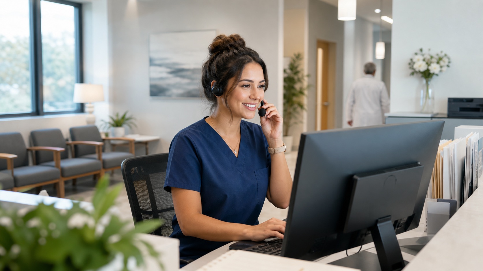 Medical practice receptionist answering a patient call and scheduling an appointment