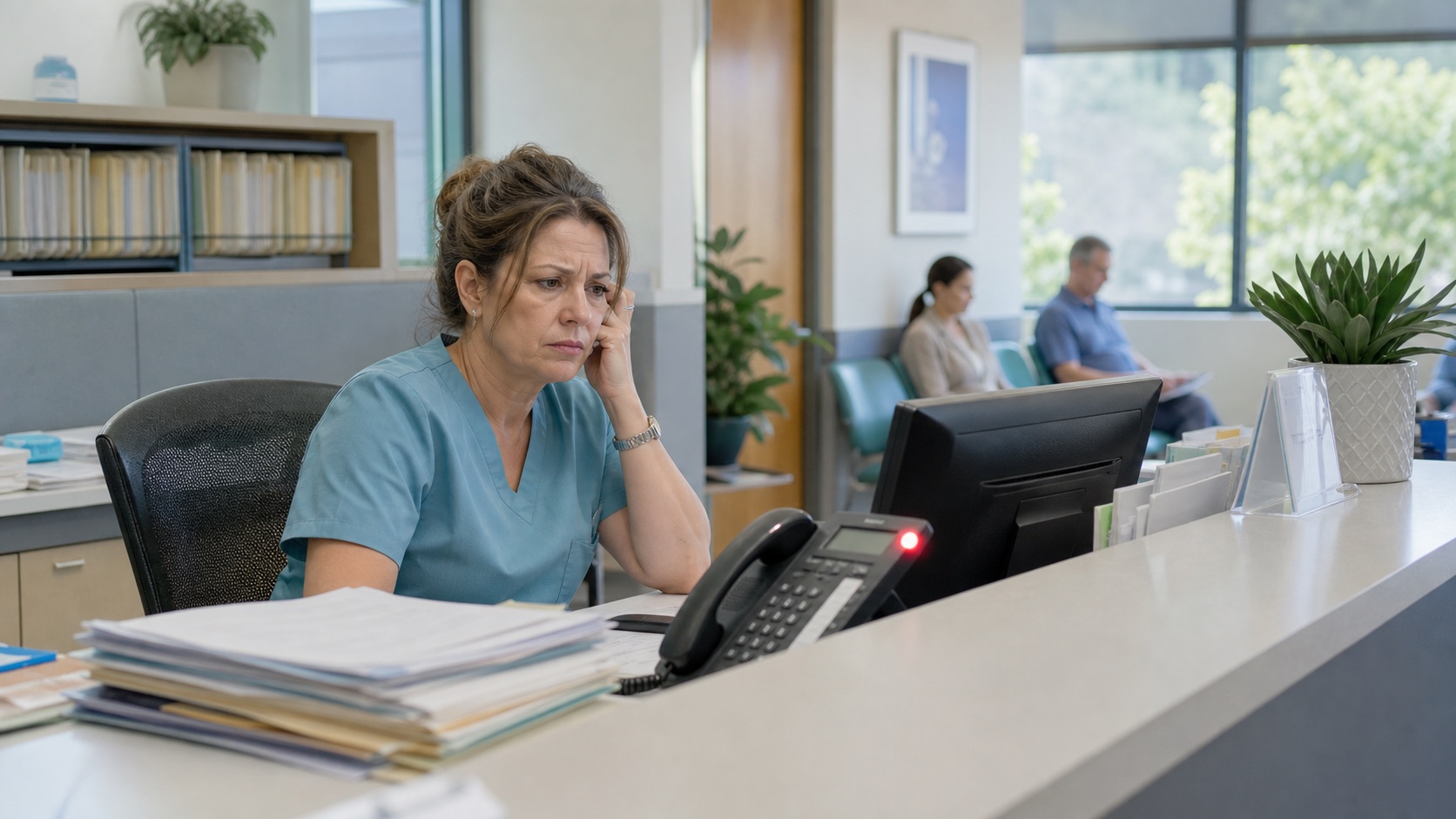 Medical practice receptionist concerned about missed patient calls at a clinic front desk