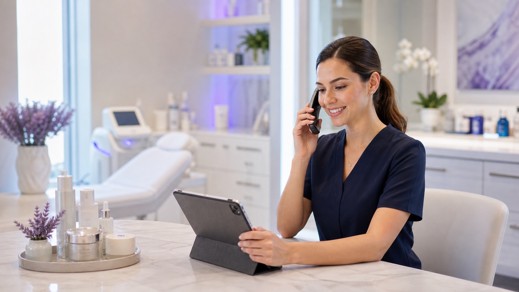Med spa coordinator answering a consultation call and booking an appointment