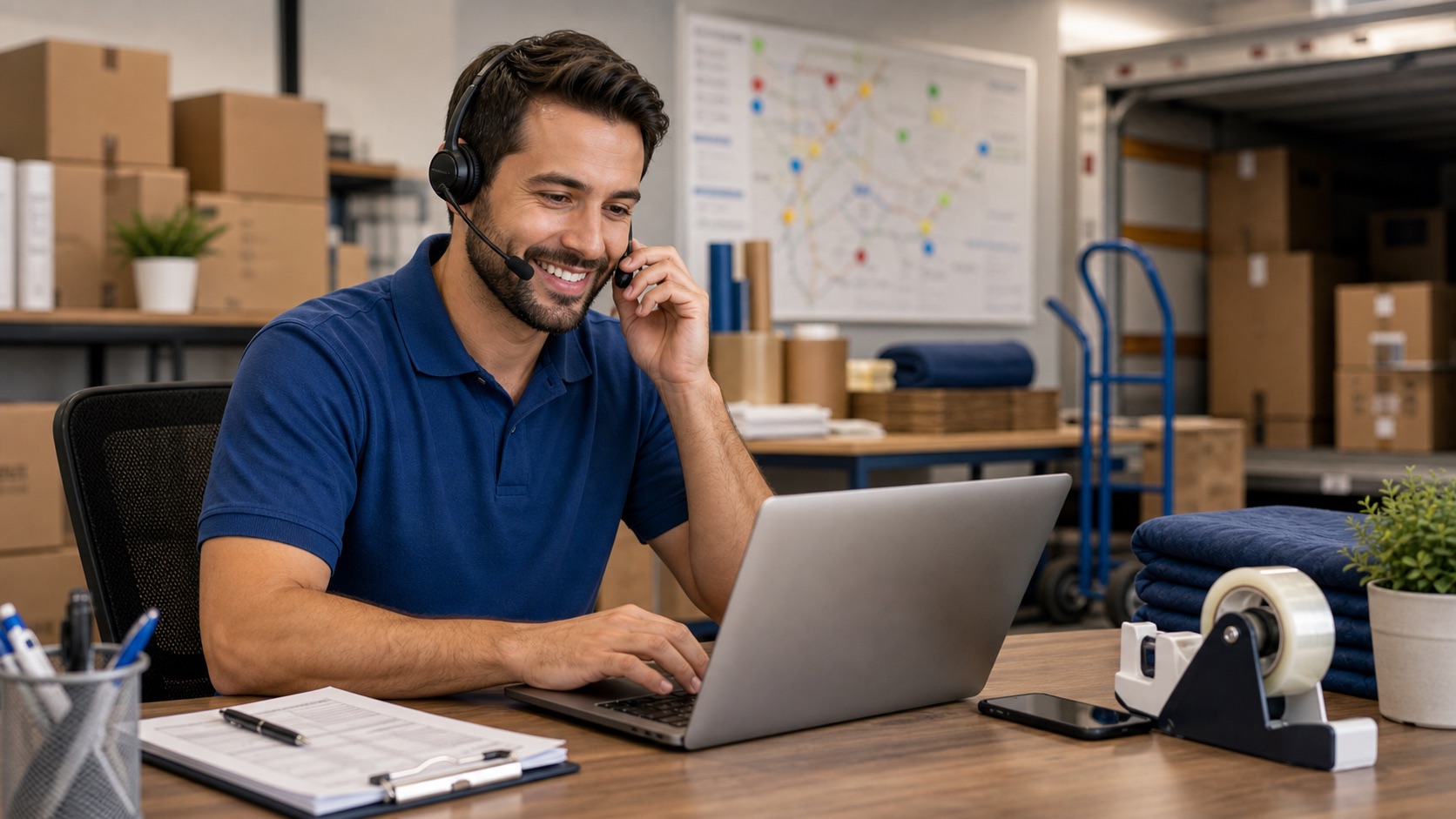 Moving company coordinator answering a call and scheduling a moving estimate
