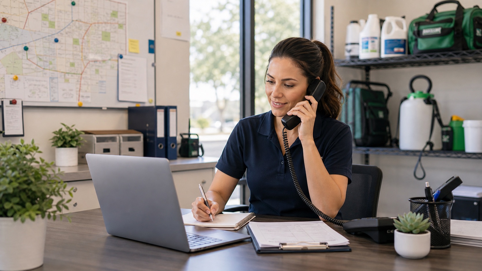 Pest control coordinator answering a customer call and scheduling treatment