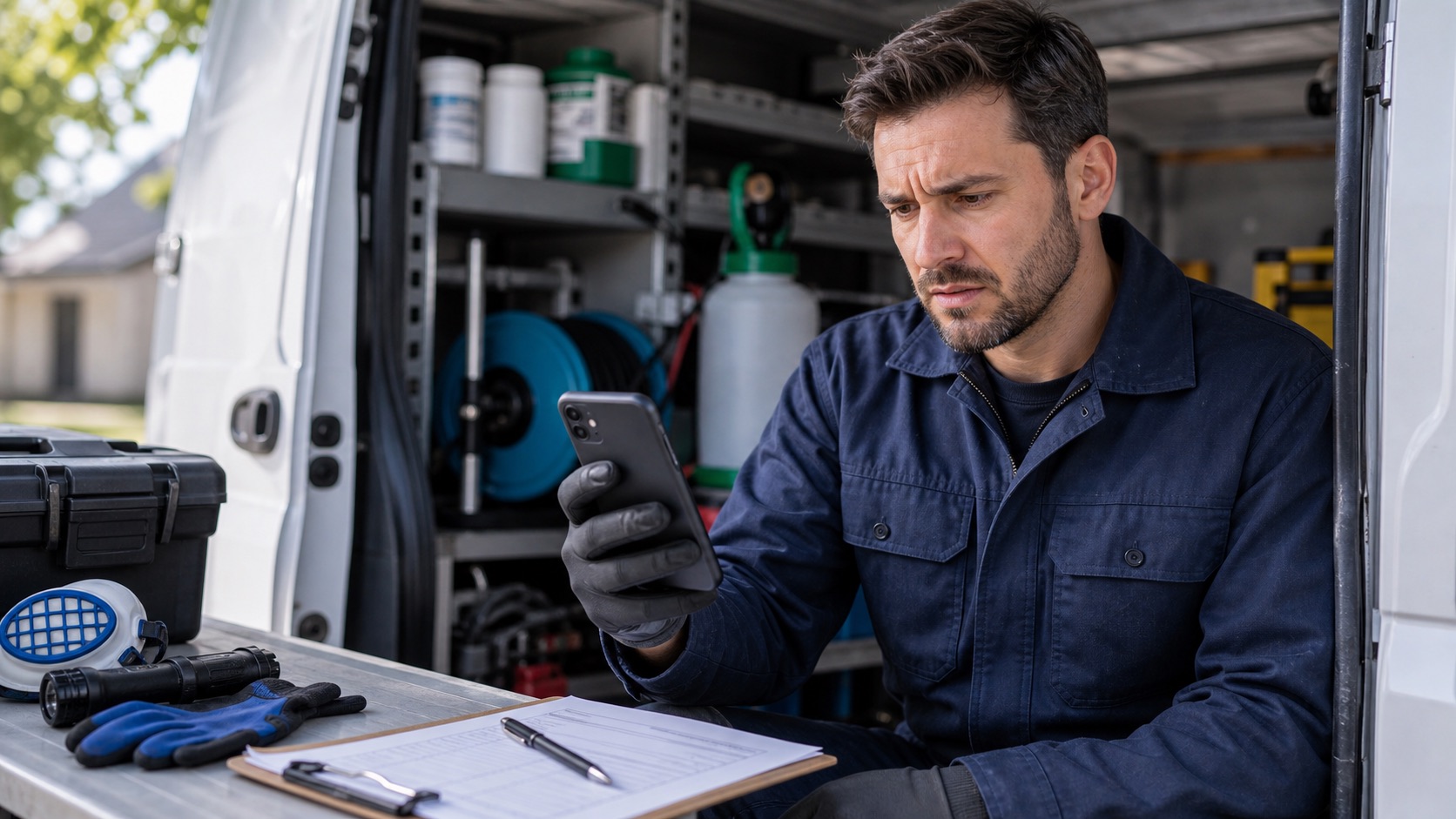 Pest control technician concerned about missed service calls in a work van
