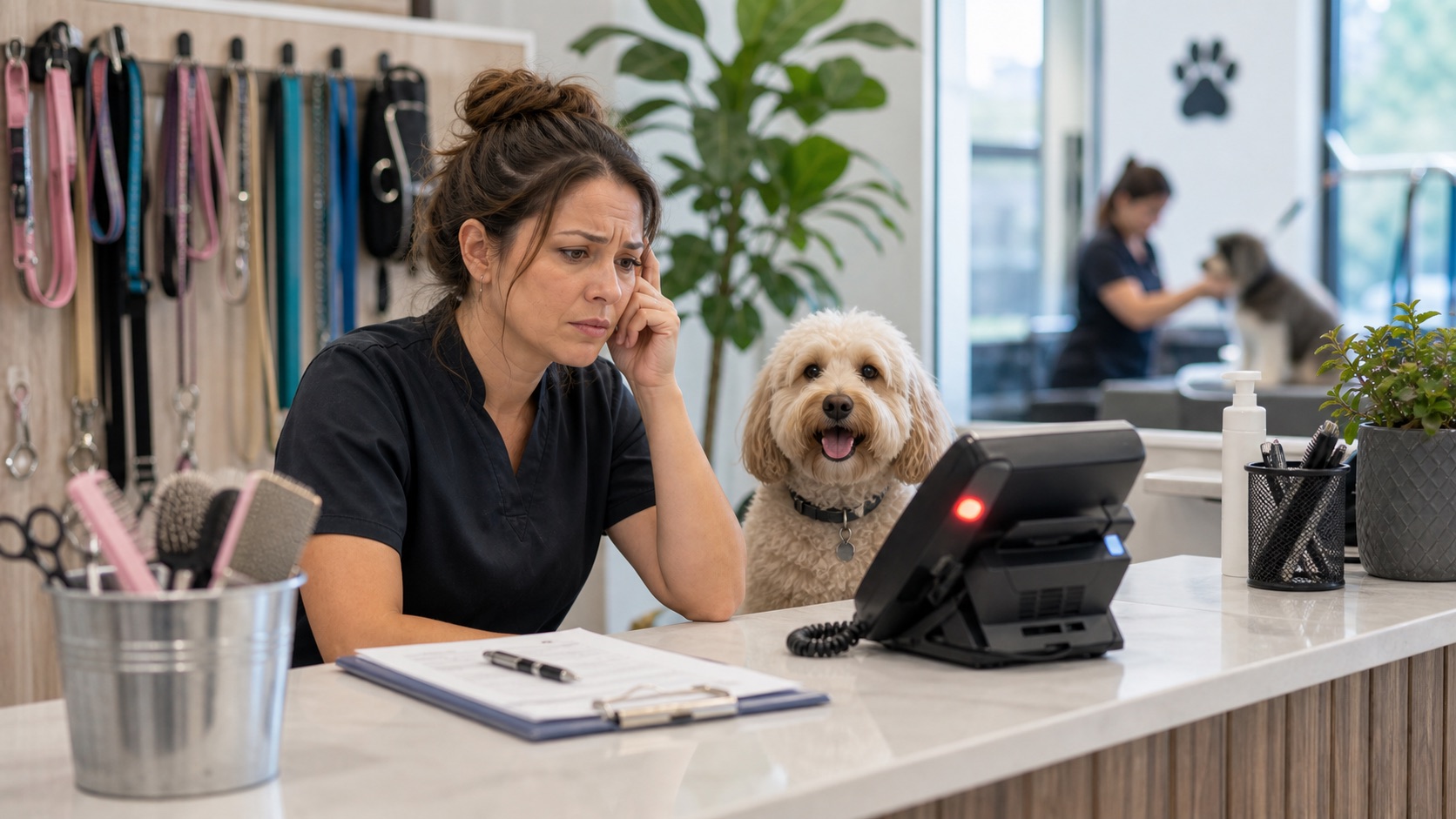 Pet services staff member concerned about missed grooming and daycare calls