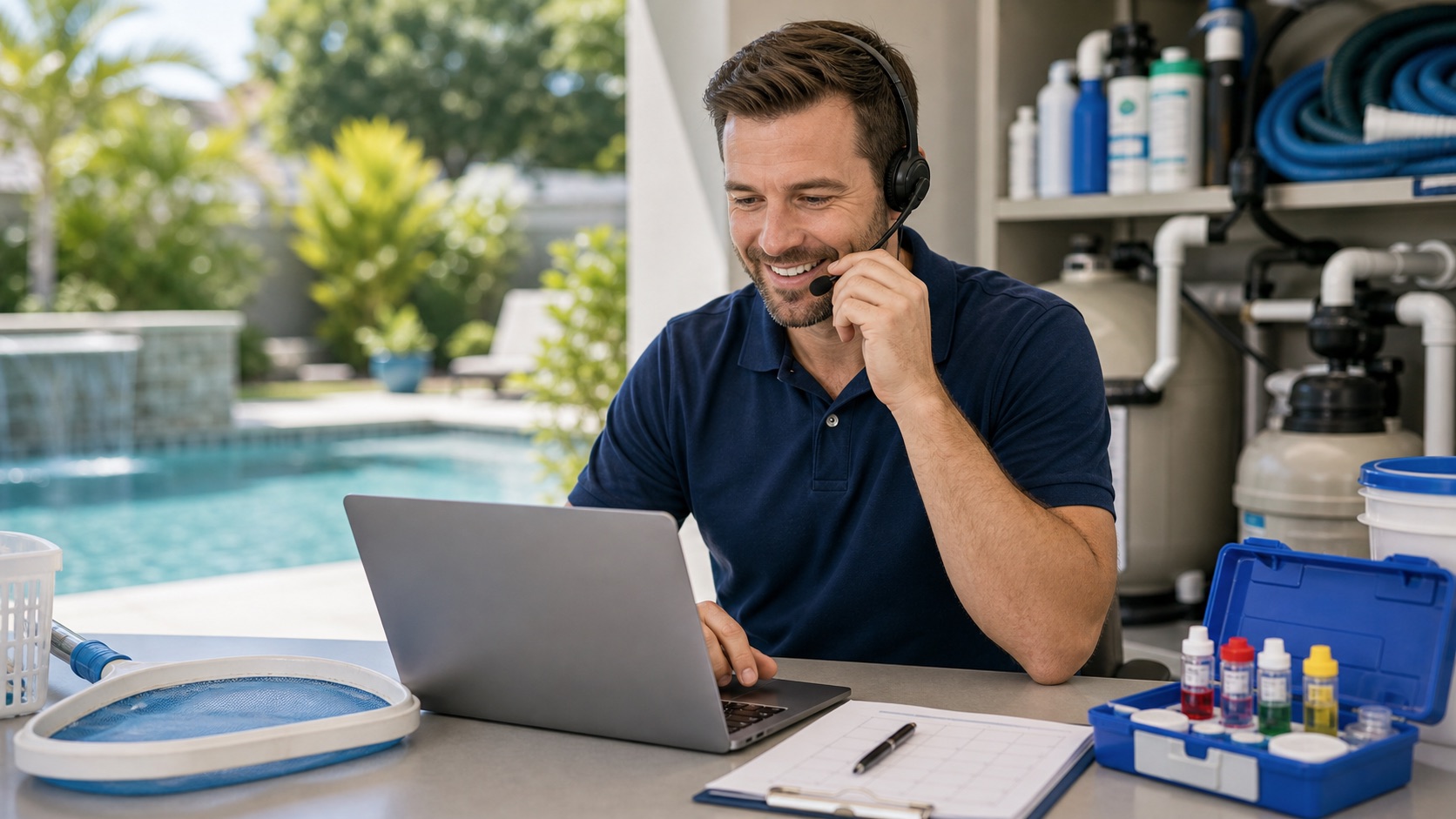 Pool service technician answering a call and scheduling a pool service appointment
