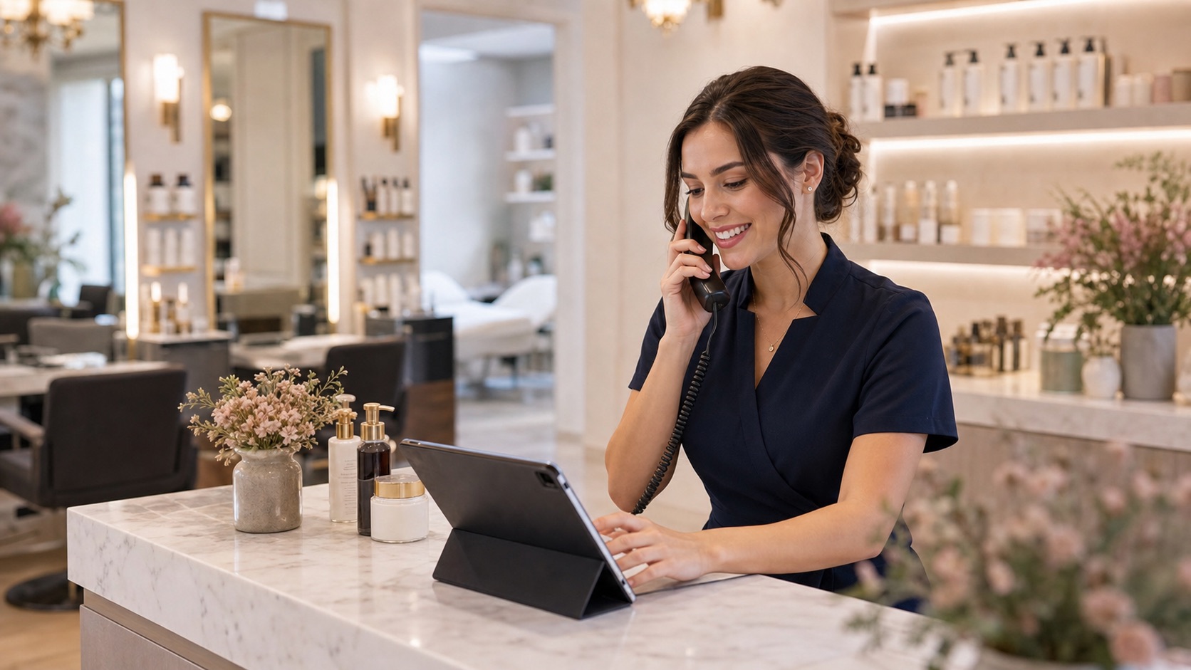 Salon and spa receptionist answering a booking call and scheduling an appointment