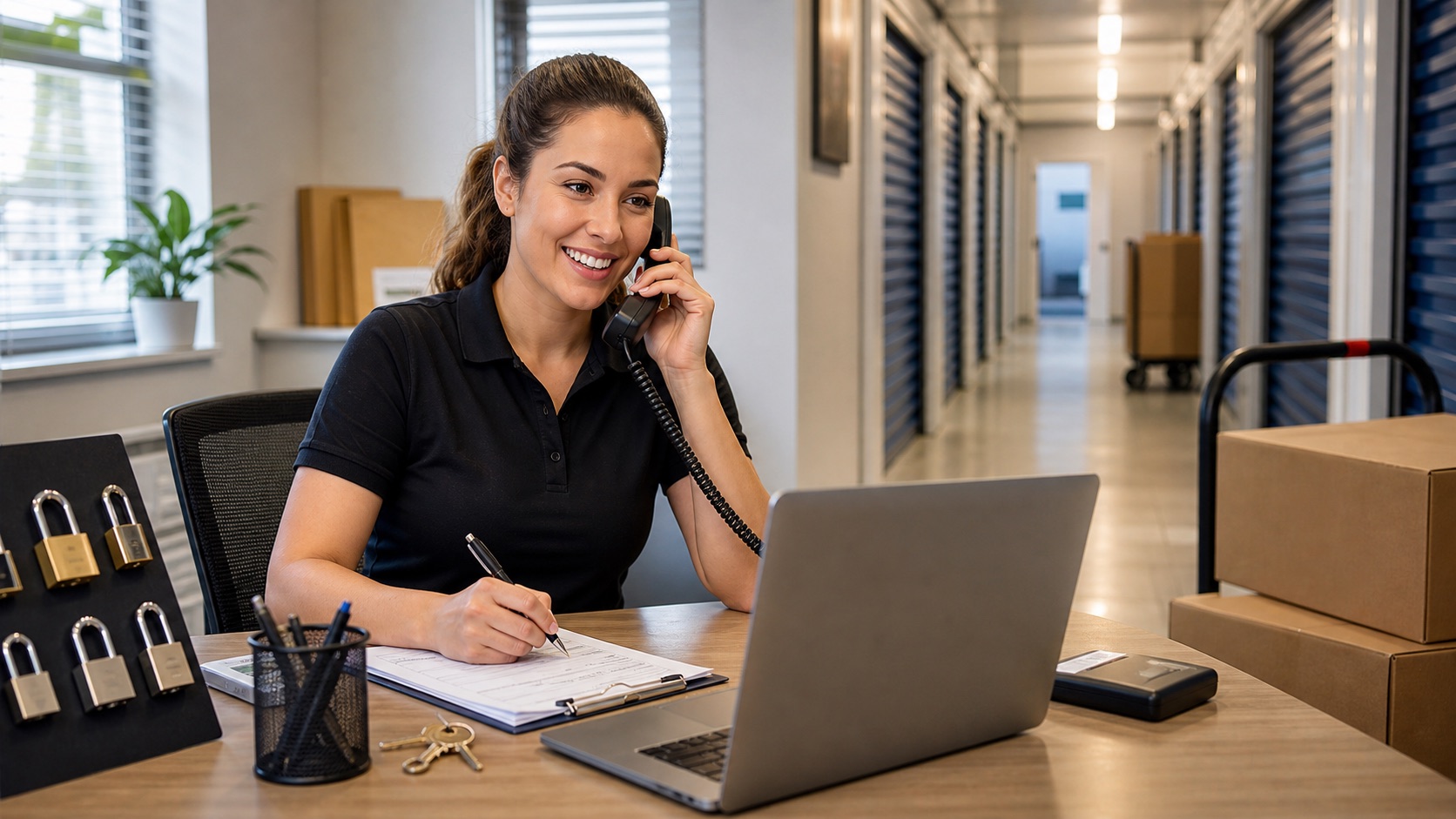 Self storage manager answering a call and helping reserve a storage unit